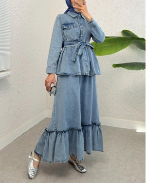 Piece Belted Vest Jacket Double Denim Dress -Ice Blue