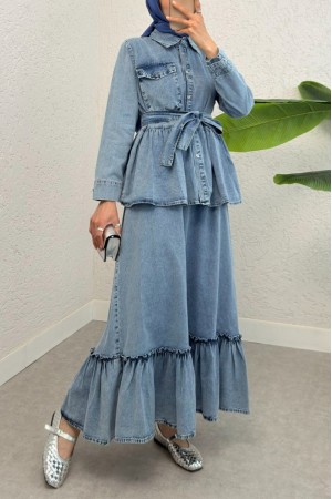 Piece Belted Vest Jacket Double Denim Dress -Ice Blue