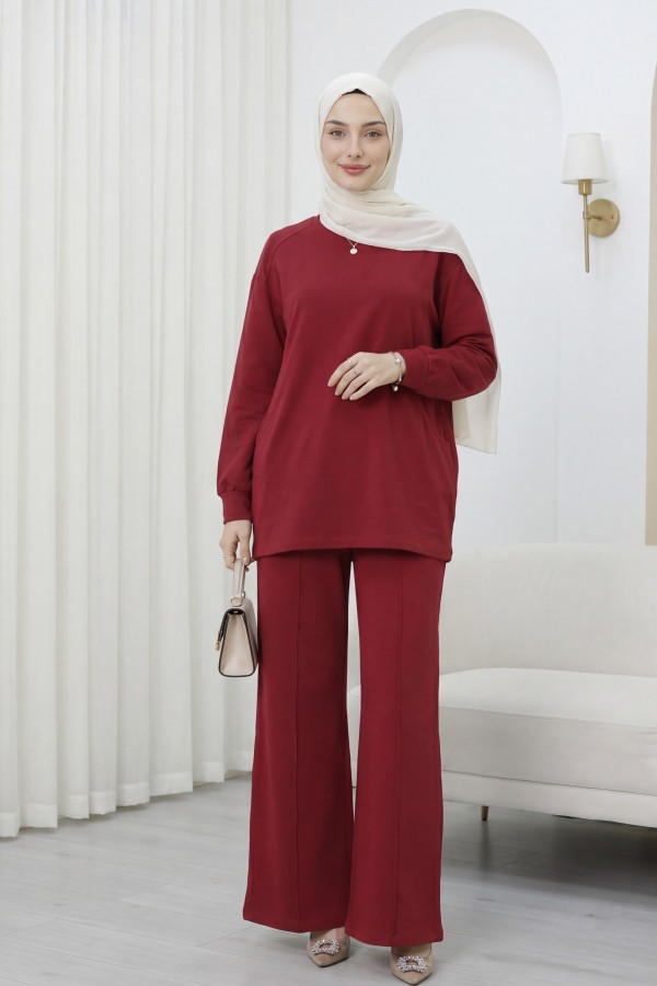 Bisiklet Yaka Oversize Cepli Pantolonlu Penye Takım -Bordo