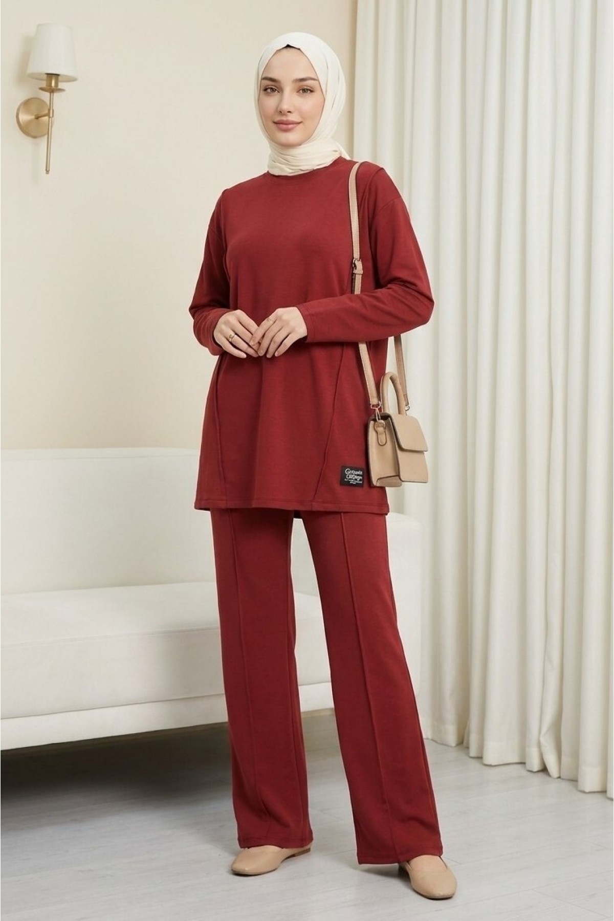 Crew Neck Cotton Jersey Set with Text Detail and Elastic Waist Trousers -Maroon