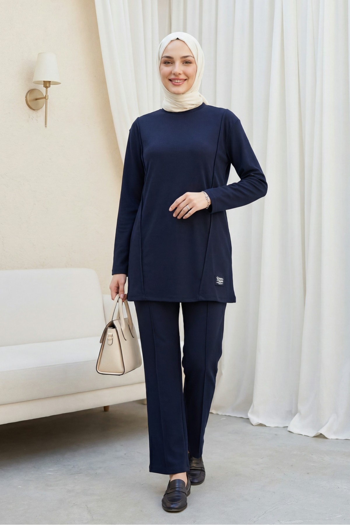 Crew Neck Cotton Jersey Set with Text Detail and Elastic Waist Trousers -Navy blue
