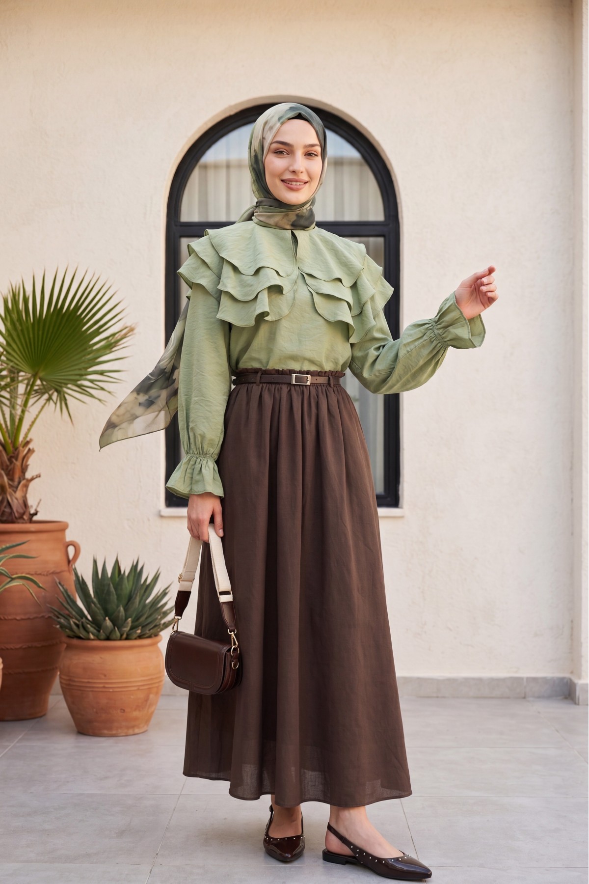 Layered Baby Collar Modal Blouse with Elasticated Cuffs -Cagla Green