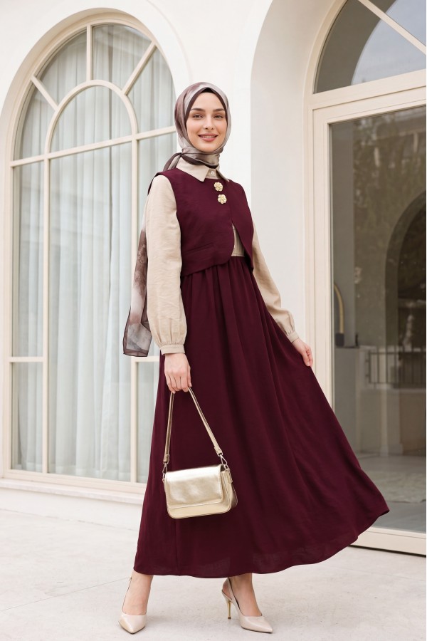 Snap-Button Mini Vest, Elastic Waist, Half-Button Long Modal Dress -Damson