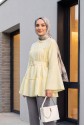Buckled Belted, Tie-Collar, Panelled Polyviscose Tunic -Yellow
