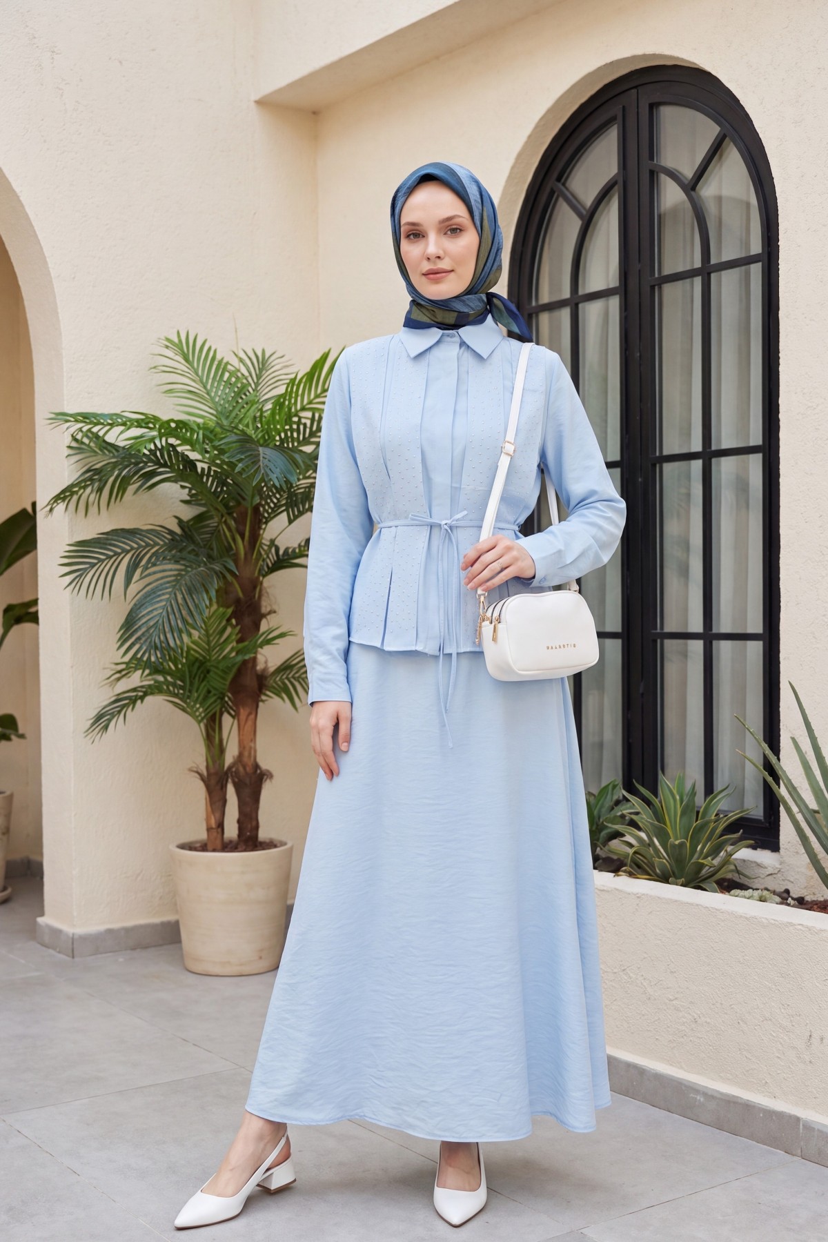 Polyviscose Set with Stone Detail at the Front and Belted Skirt, Lined -Baby Blue