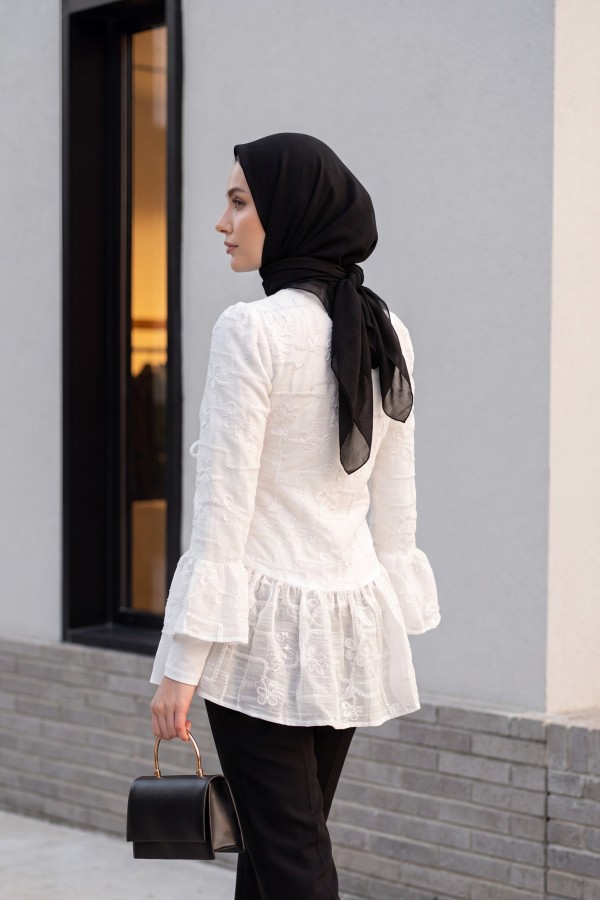 Mandarin Collar, Button-Front, Lined, Ruffled Polyviscose Tunic -White