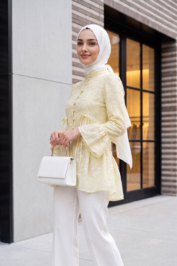 Mandarin Collar, Button-Front, Lined, Ruffled Polyviscose Tunic -Yellow