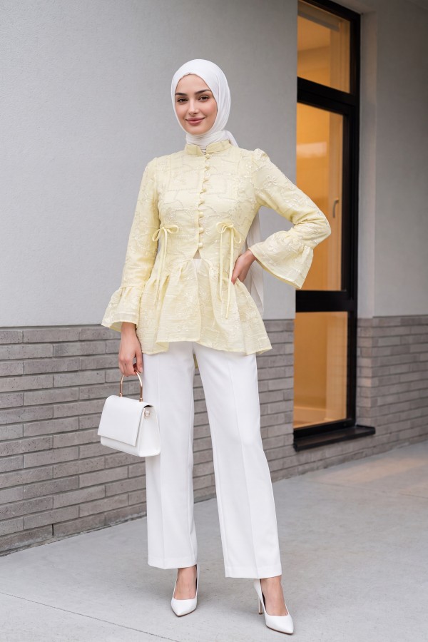 Mandarin Collar, Button-Front, Lined, Ruffled Polyviscose Tunic -Yellow