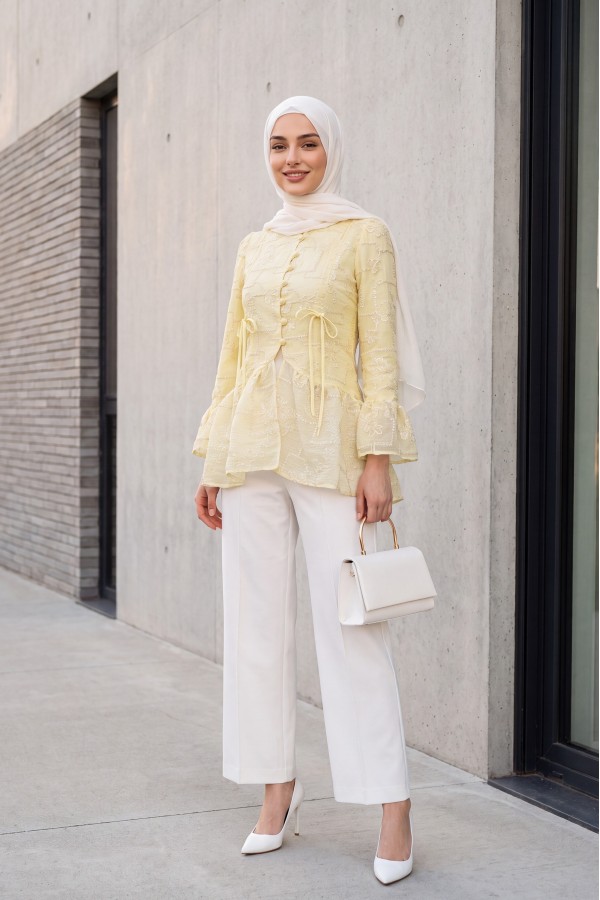 Mandarin Collar, Button-Front, Lined, Ruffled Polyviscose Tunic -Yellow
