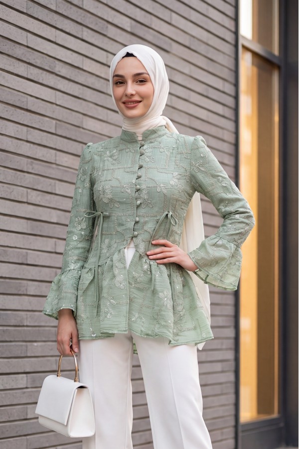 Mandarin Collar, Button-Front, Lined, Ruffled Polyviscose Tunic -Sea green