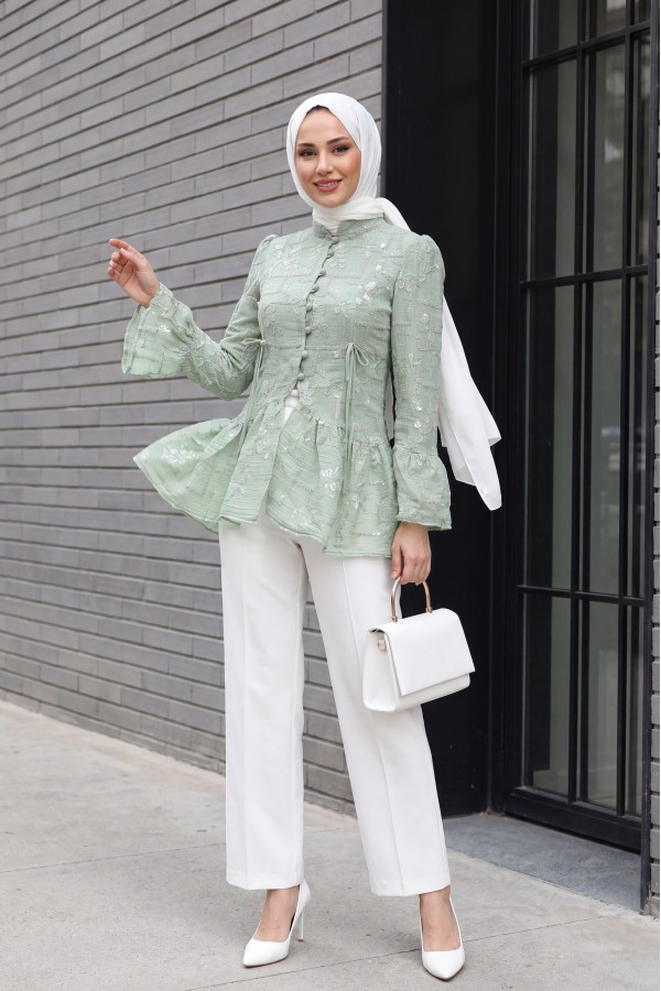Mandarin Collar, Button-Front, Lined, Ruffled Polyviscose Tunic -Sea green