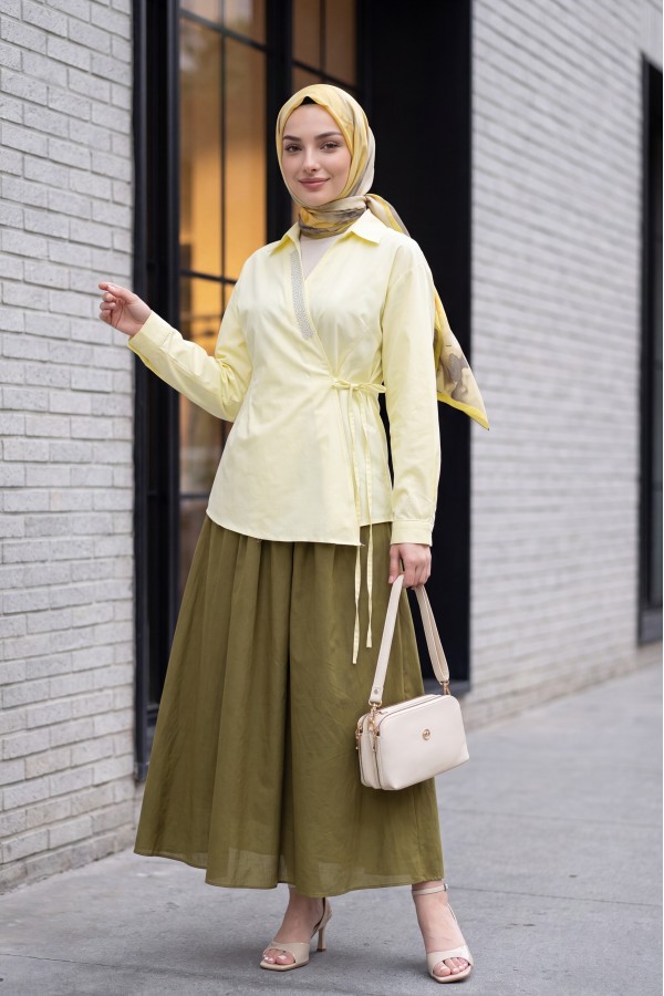 Side-Tie Poplin Shirt with Stone Detail and Wrap Collar -Light yellow