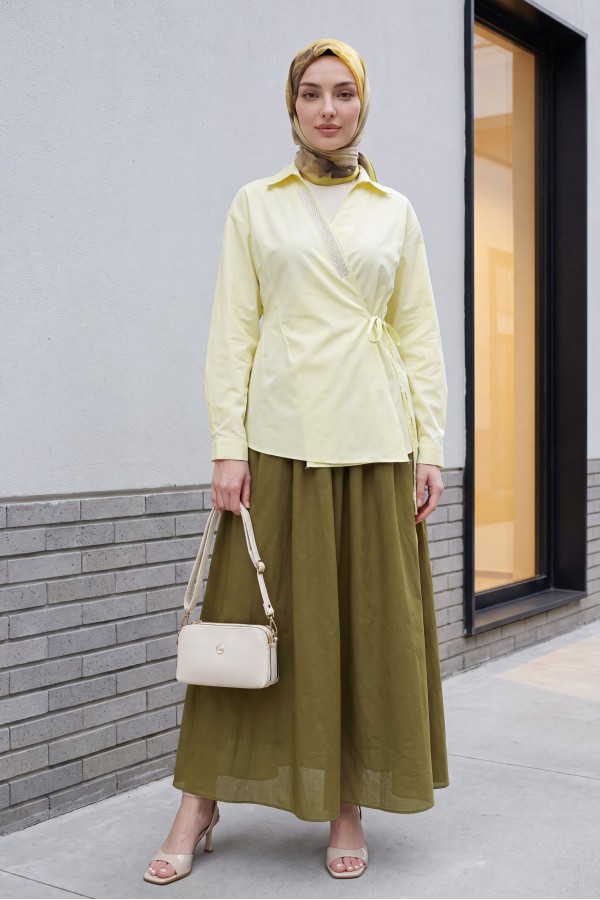Side-Tie Poplin Shirt with Stone Detail and Wrap Collar -Light yellow