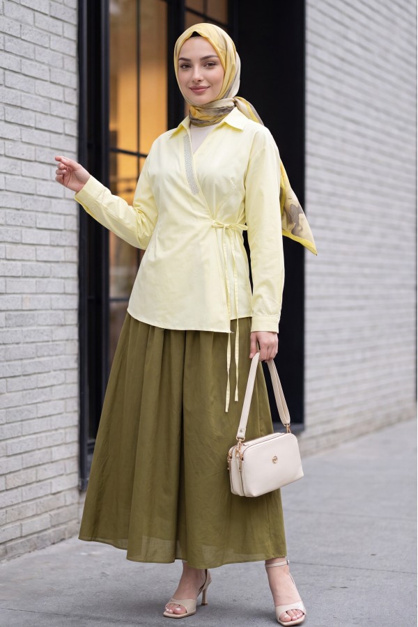 Side-Tie Poplin Shirt with Stone Detail and Wrap Collar -Light yellow