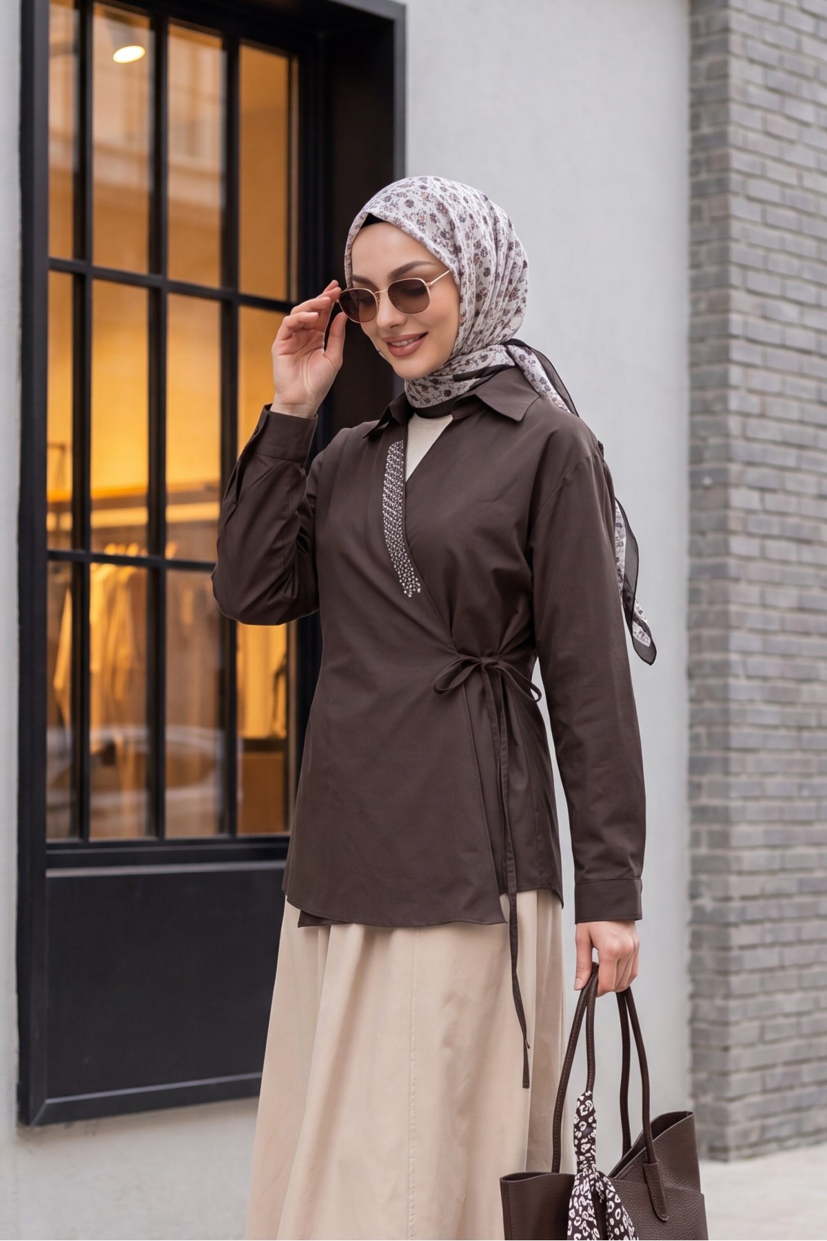 Side-Tie Poplin Shirt with Stone Detail and Wrap Collar -Dark Coffee