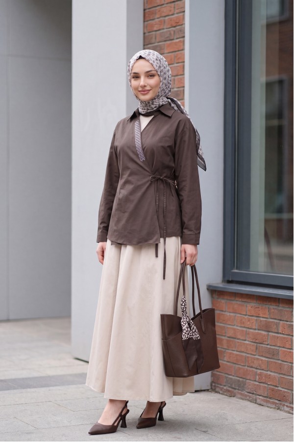 Side-Tie Poplin Shirt with Stone Detail and Wrap Collar -Dark Coffee
