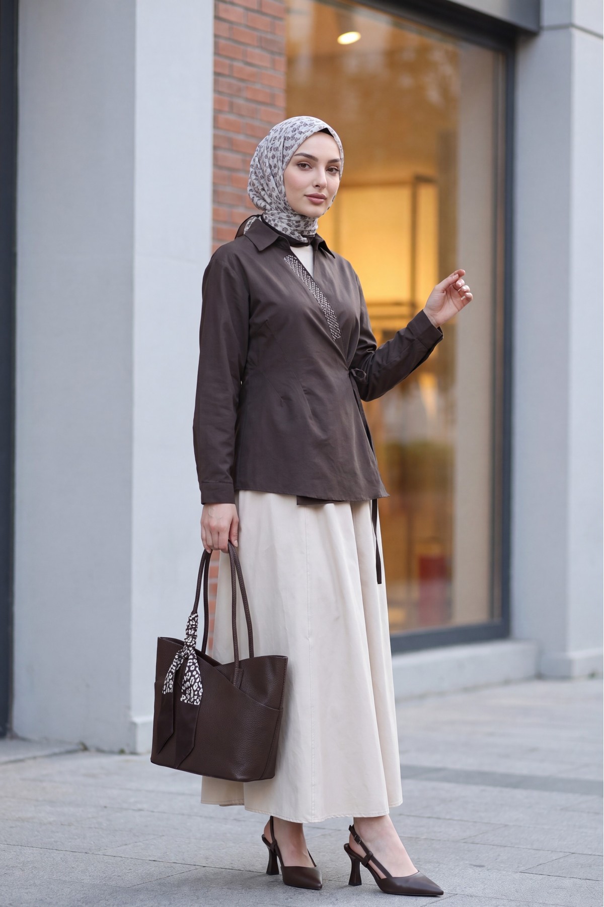 Side-Tie Poplin Shirt with Stone Detail and Wrap Collar -Dark Coffee
