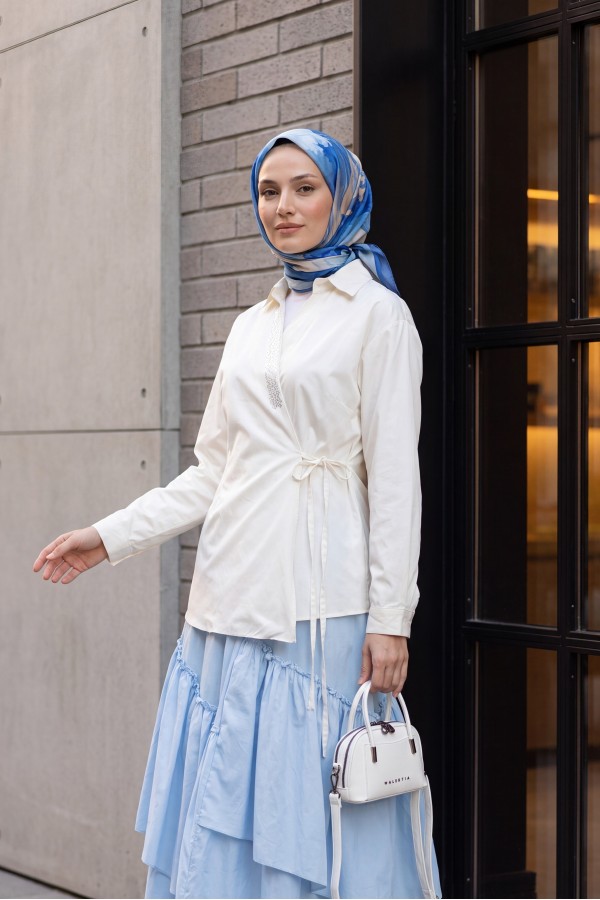 Side-Tie Poplin Shirt with Stone Detail and Wrap Collar -Cream color