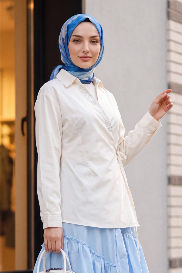 Side-Tie Poplin Shirt with Stone Detail and Wrap Collar -Cream color