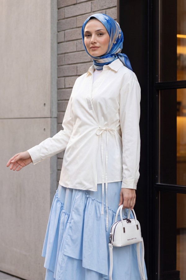 Side-Tie Poplin Shirt with Stone Detail and Wrap Collar -Cream color