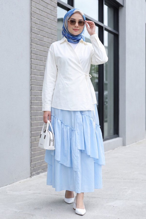 Side-Tie Poplin Shirt with Stone Detail and Wrap Collar -Cream color