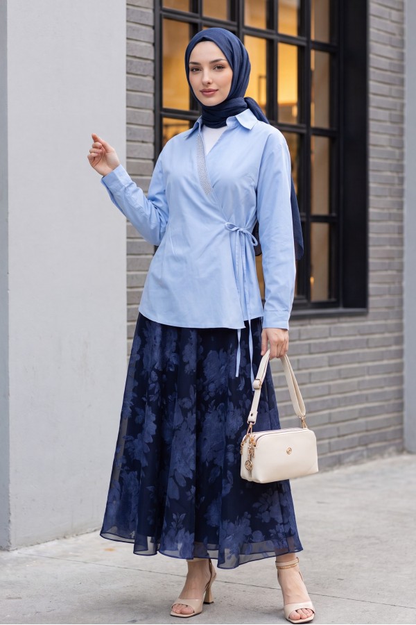 Side-Tie Poplin Shirt with Stone Detail and Wrap Collar -Blue