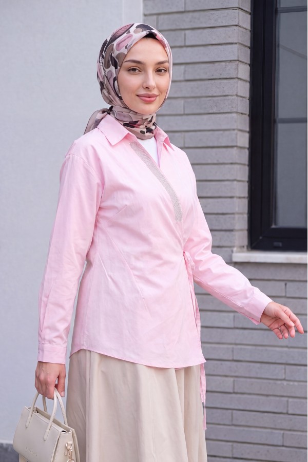 Side-Tie Poplin Shirt with Stone Detail and Wrap Collar -Pink