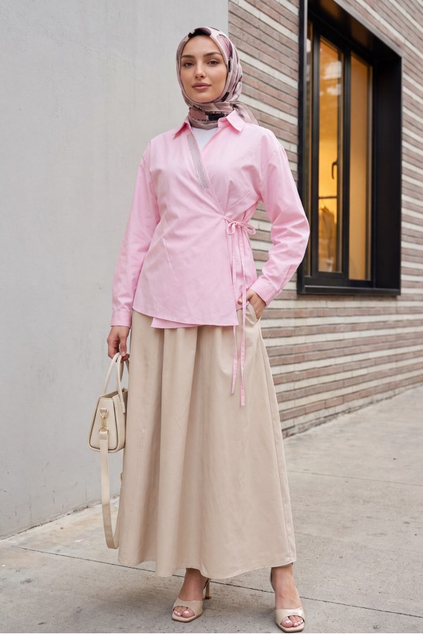Side-Tie Poplin Shirt with Stone Detail and Wrap Collar -Pink