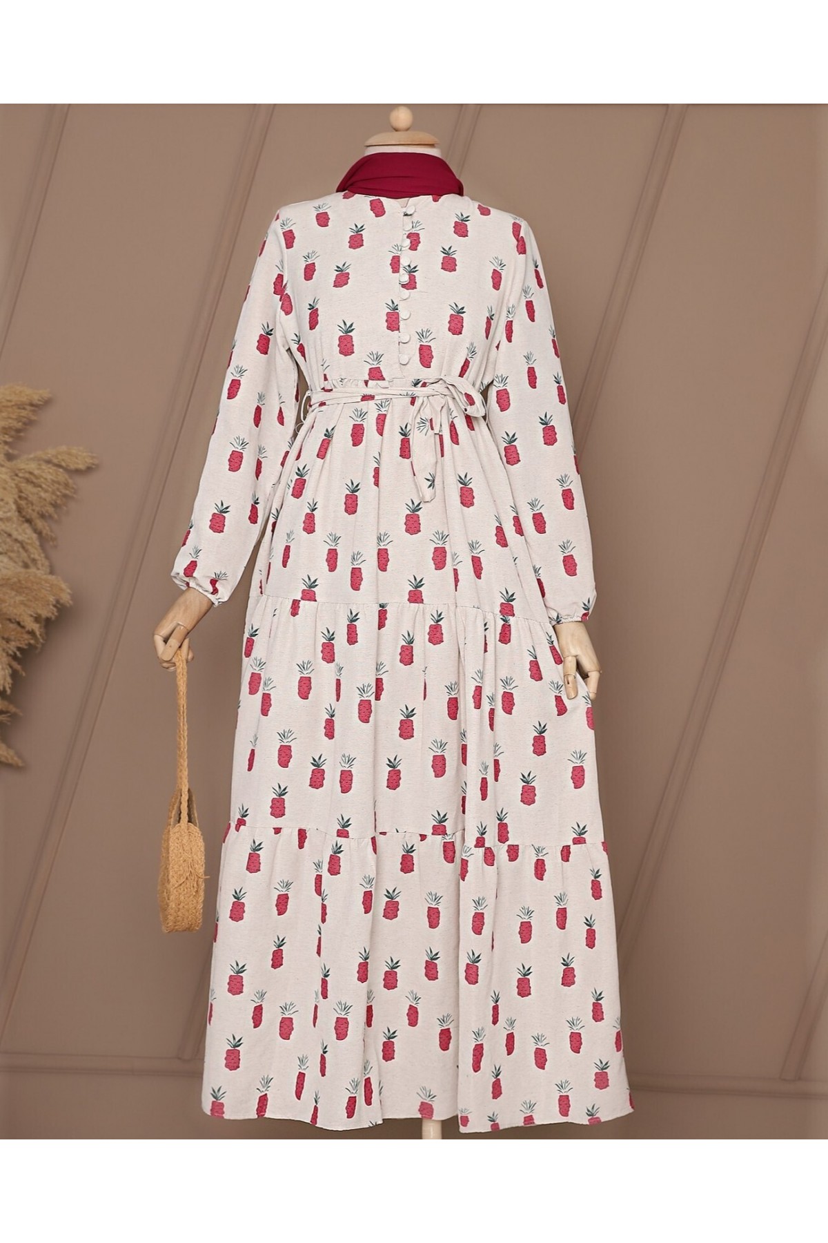 Buttoned Pineapple Printed Linen Dress -Pink