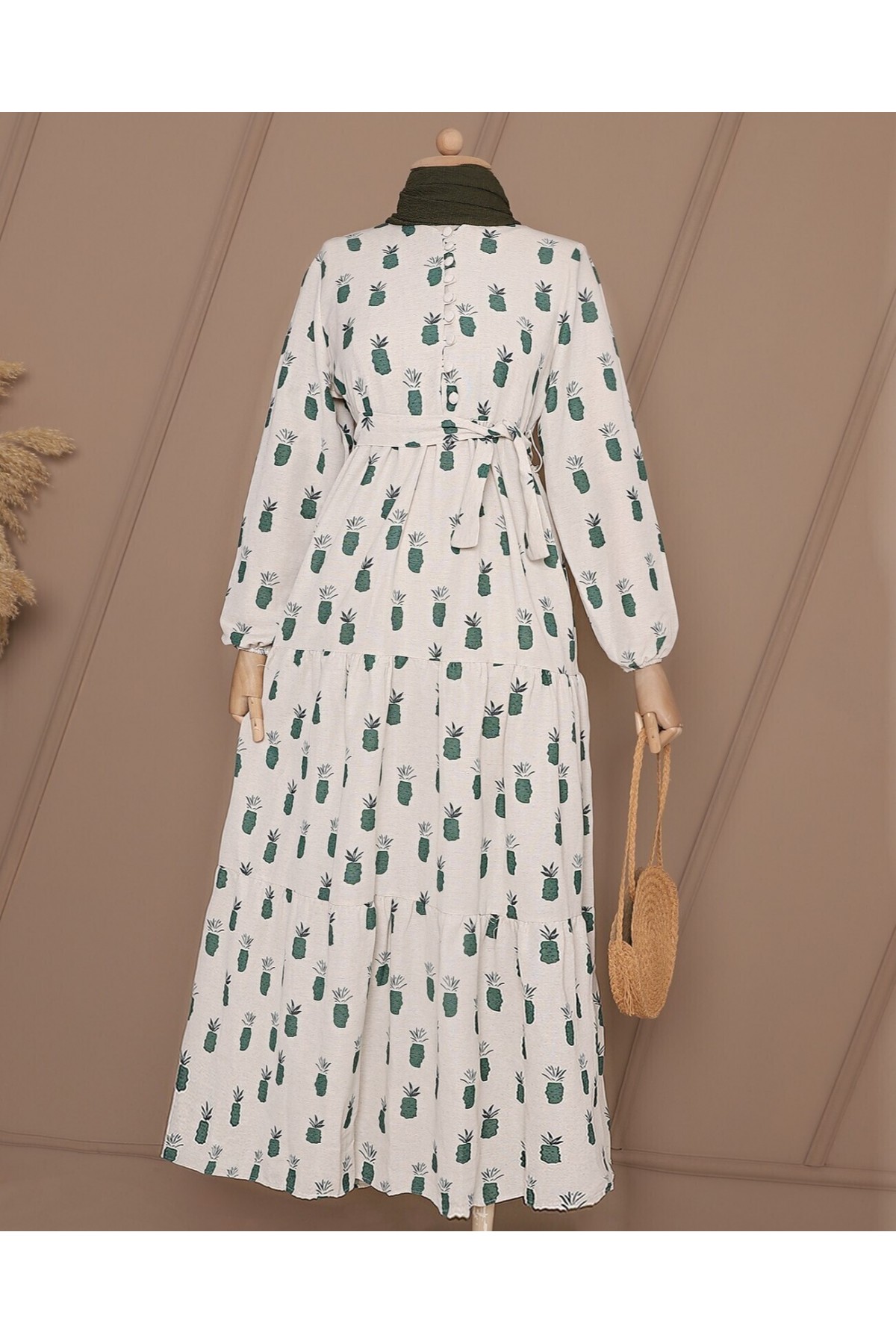 Buttoned Pineapple Printed Linen Dress -Green