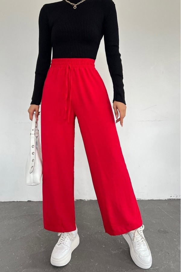 Elastic Waist Lace Detail Ayrobin Trousers -Red