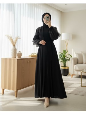 Omuzları Pul Payet Kolu Tül İkili Abaya -Siyah