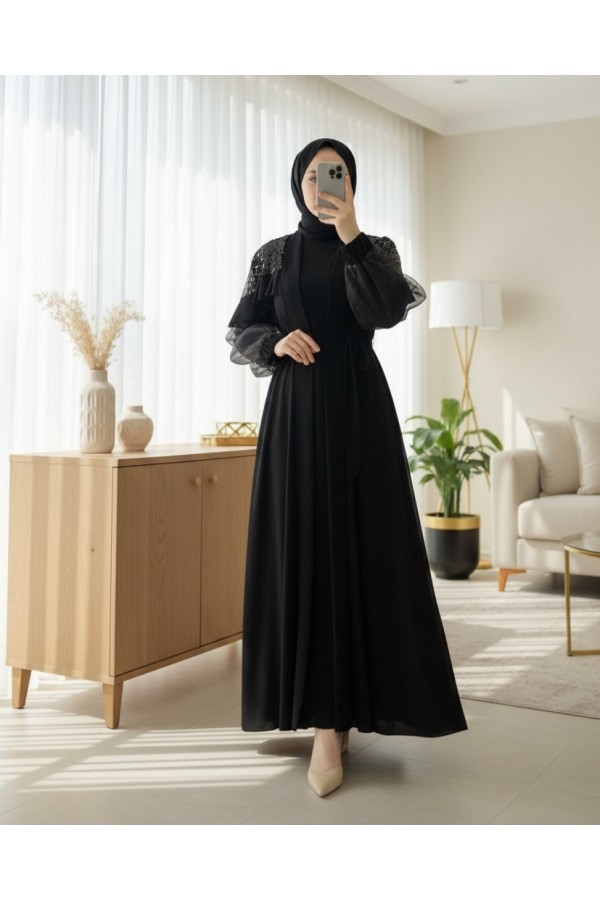 عباية مزدوجة من التول وأكتاف من الترتر -أسود