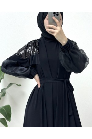 Omuzları Pul Payet Kolu Tül İkili Abaya -Siyah