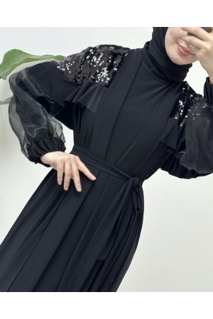 Omuzları Pul Payet Kolu Tül İkili Abaya -Siyah