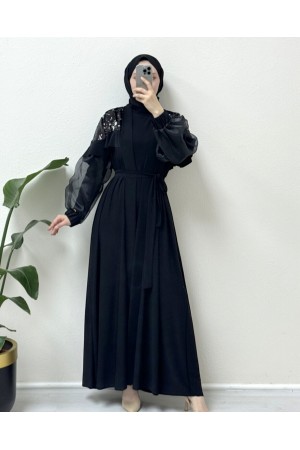 Omuzları Pul Payet Kolu Tül İkili Abaya -Siyah
