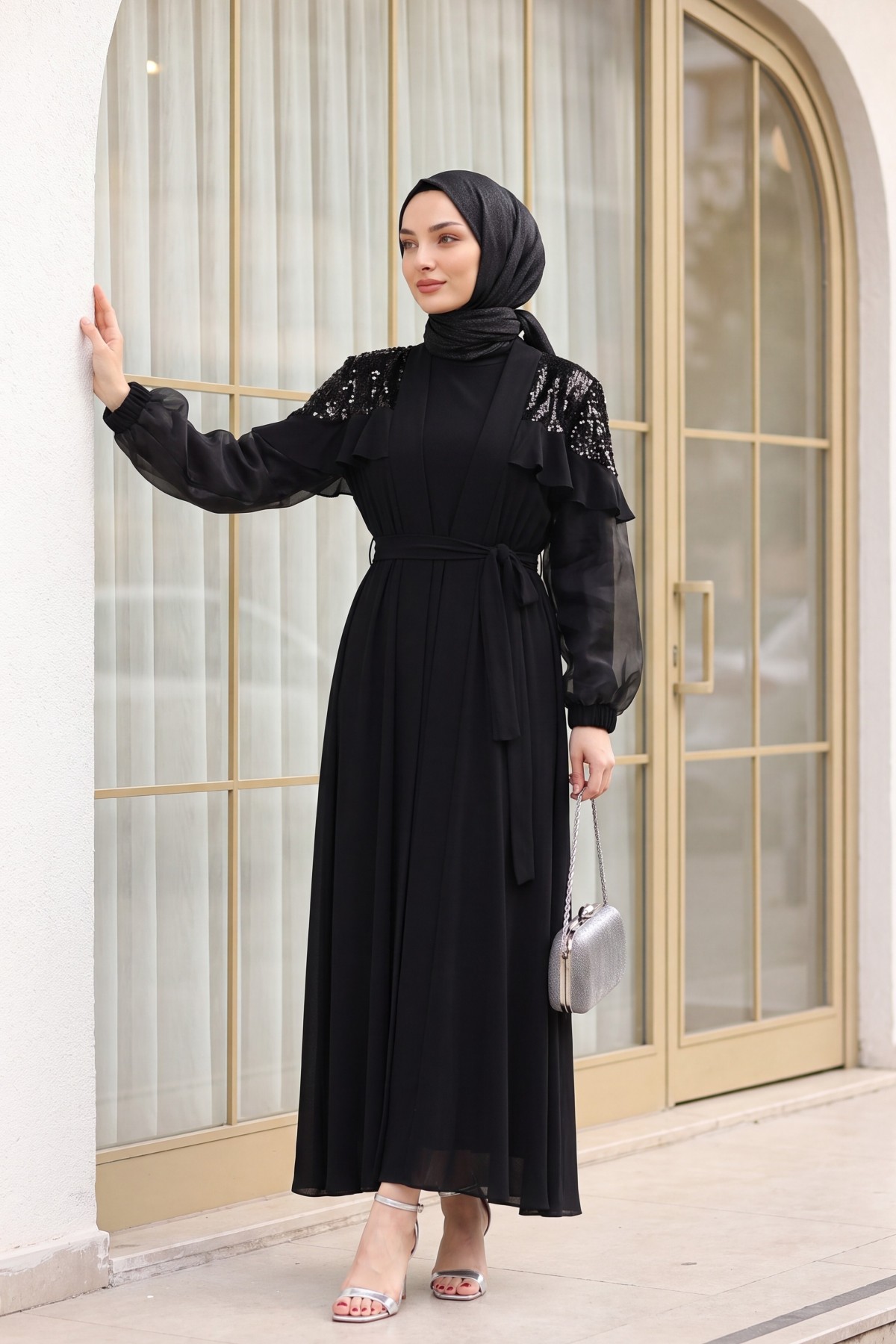 Sequin Shoulders Sequin Sleeve Tulle Double Abaya -Black detay görseli