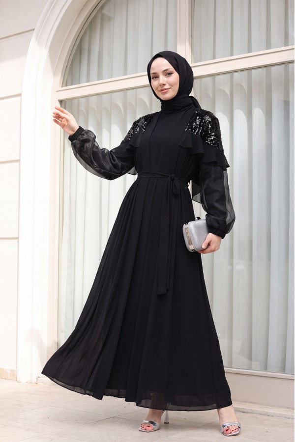 Sequin Shoulders Sequin Sleeve Tulle Double Abaya -Black