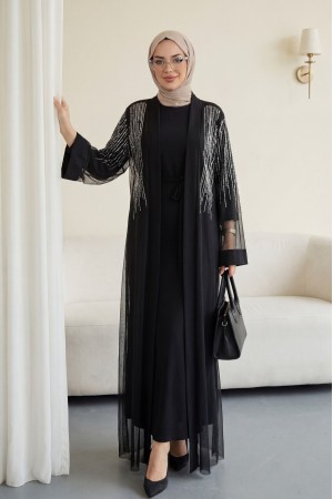 Taş Detaylı Kuşaklı İkili Abaya Takım -Siyah