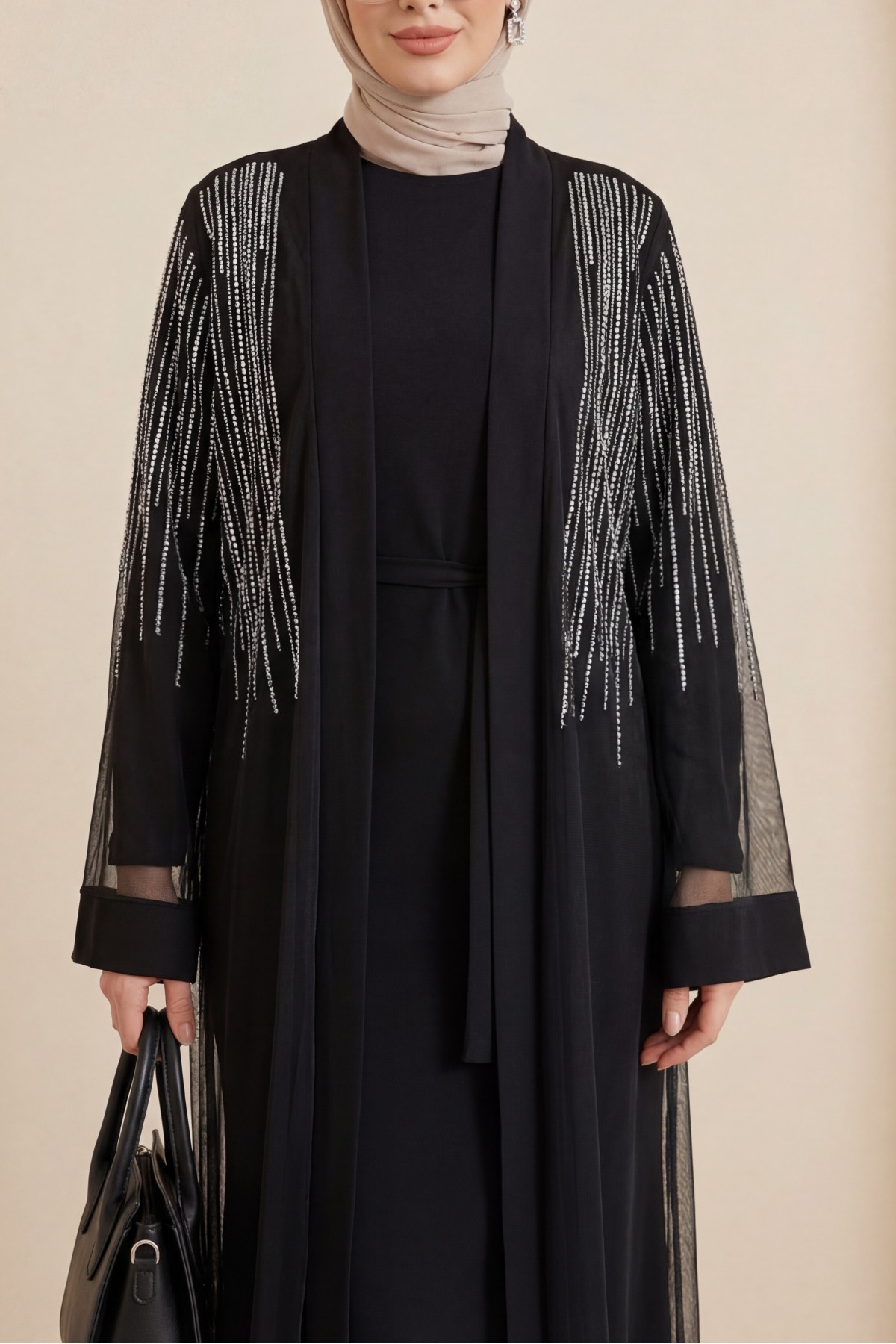 Taş Detaylı Kuşaklı İkili Abaya Takım -Siyah