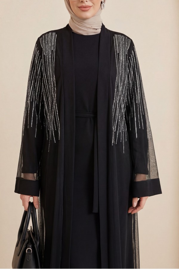 Taş Detaylı Kuşaklı İkili Abaya Takım -Siyah