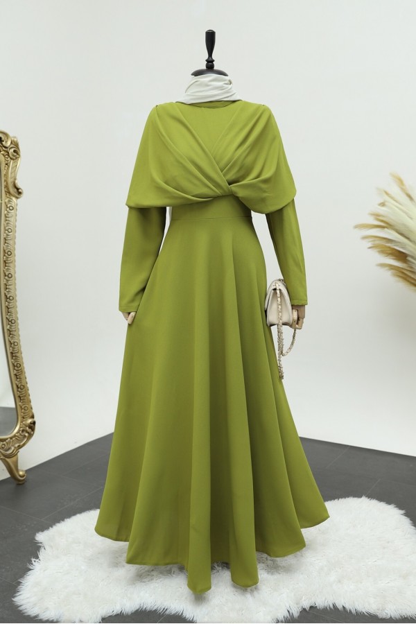 Criss-Cross Front Double Layer Magnificent Collar Crepe Dress -Oil Green