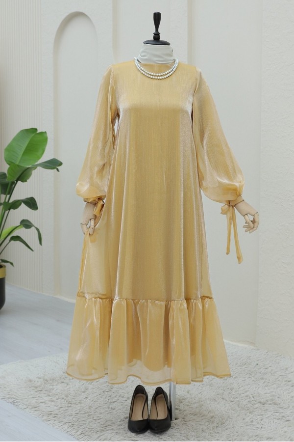 Janjan Dress with Lace Sleeves and Pieced Skirt   -Salmon