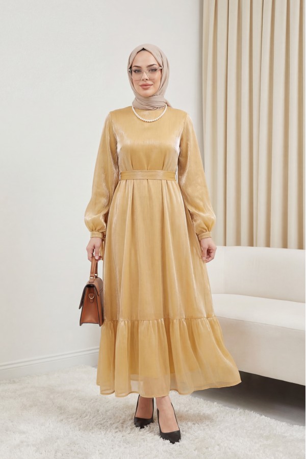 Janjan Dress with Lace Sleeves and Pieced Skirt   -Salmon