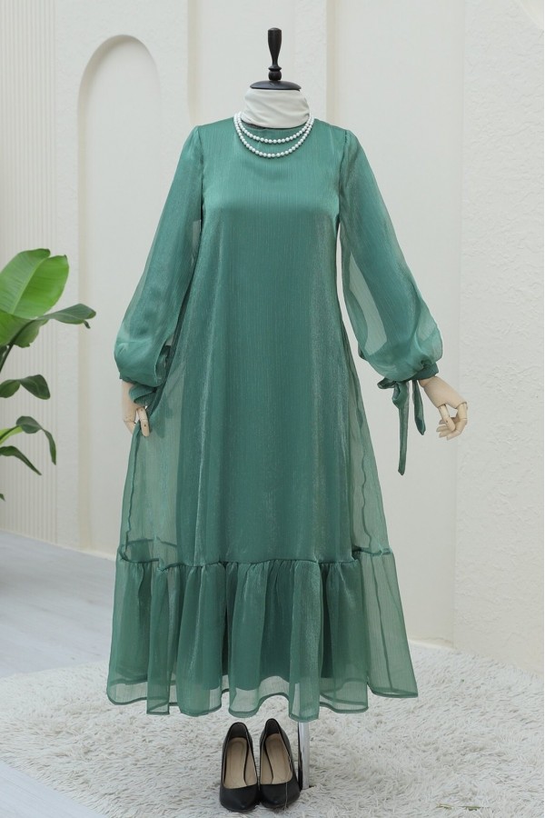 Janjan Dress with Lace Sleeves and Pieced Skirt   -Green