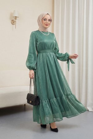 فستان جانجان بأكمام دانتيل وتنورة قطعة  -أخضر
