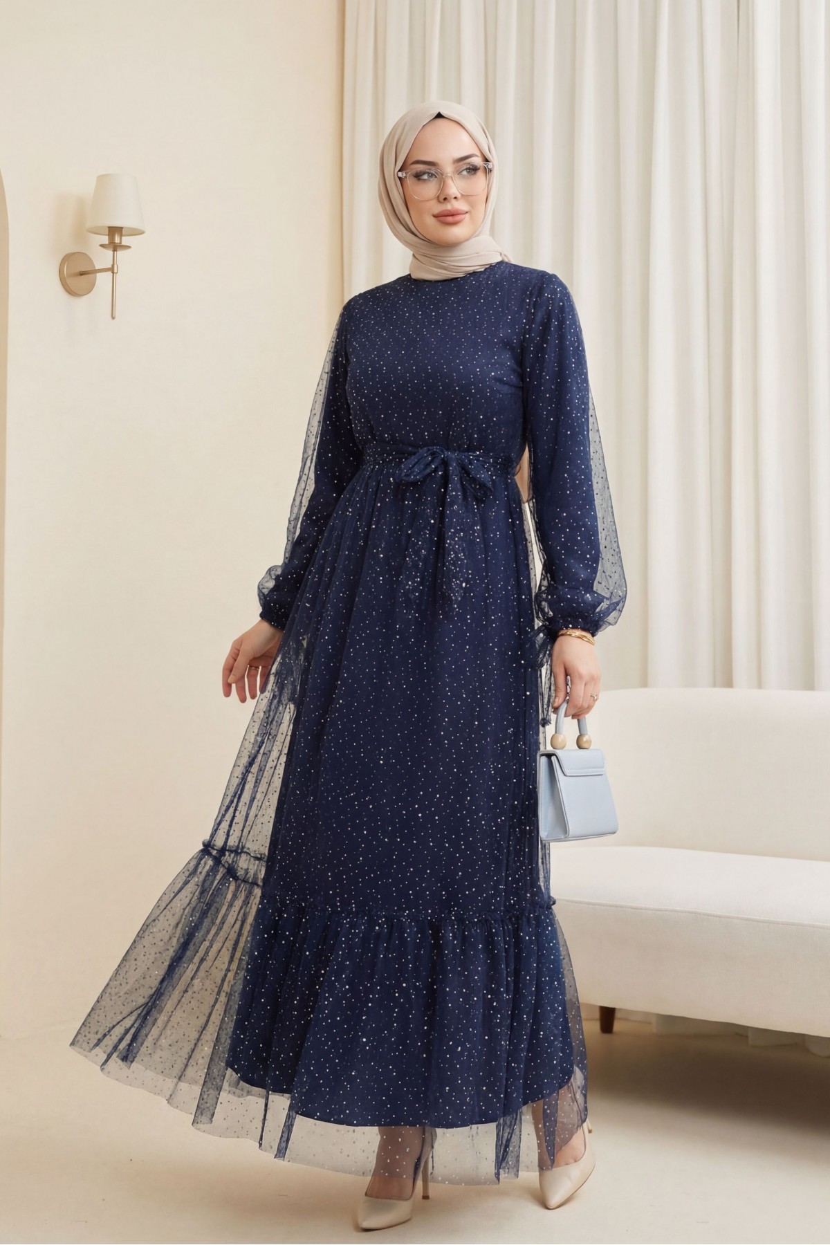Lace-Up Tulle Dress with Sprinkled Sequin Detail -Navy blue