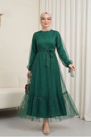 Serpme Pul Detaylı Kolu Bağcıklı Tül Elbise -Zümrüt