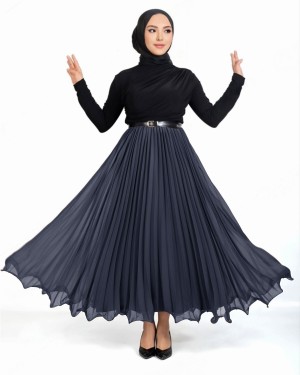 Flounce Elastic Waist Chiffon Pleated Skirt -Navy blue