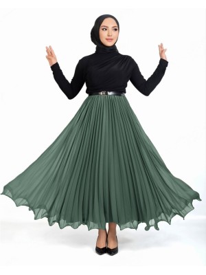 Volanlı Beli Lastikli Şifon Pliseli Etek -Mint